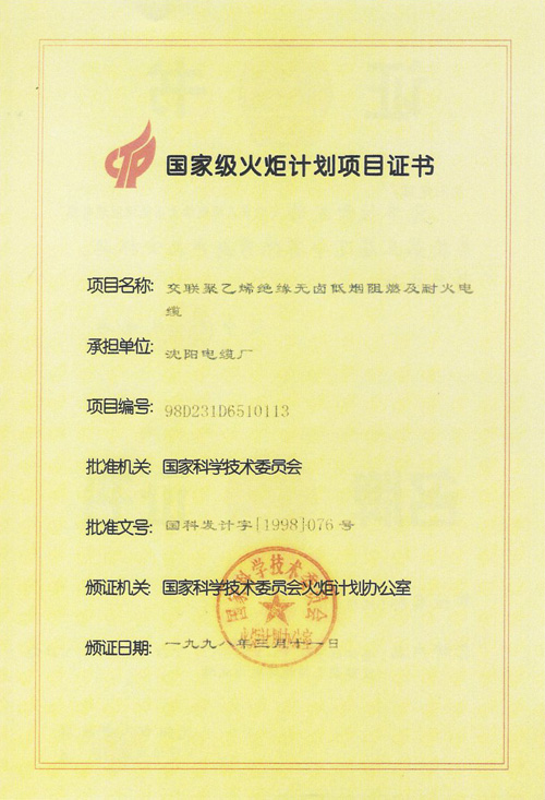 国家级火炬计划项目证书